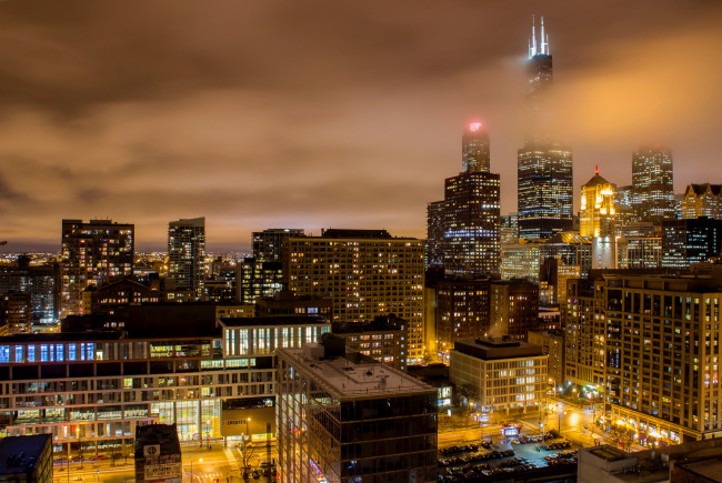 Обои картинки фото chicago clouds, города, Чикаго , сша, ночь, огни