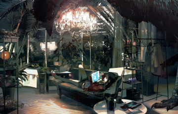 Картинка аниме город +улицы +интерьер +здания девочка комната птица планшет диван