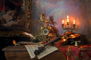 обоя музыка, -музыкальные инструменты, картина, свечи, часы, скрипка