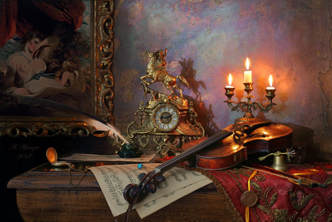 Обои картинки фото музыка, -музыкальные инструменты, картина, свечи, часы, скрипка