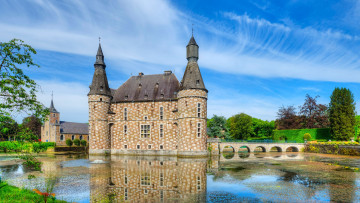 обоя города, замки бельгии, пейзаж, замок, архитектура, облака, небо, деревья, бельгия, moated, jehay, castle