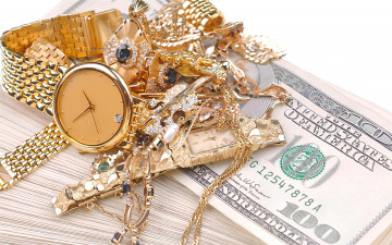 Картинка разное золото +купюры +монеты золотые украшения наручные часы деньги купюры драгоценности
