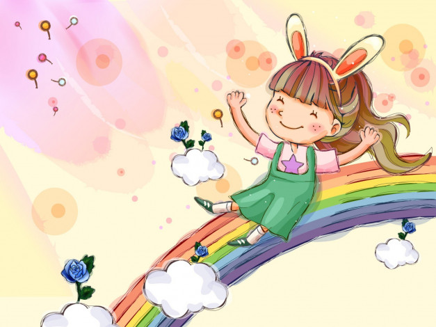 Обои картинки фото рисованное, дети, девочка, ушки, радуга, облака