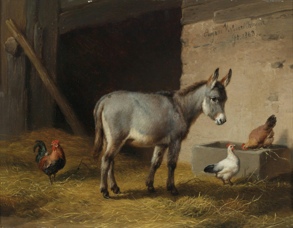 Обои картинки фото рисованные, charles, hermann, leon, ослик, петух, курица