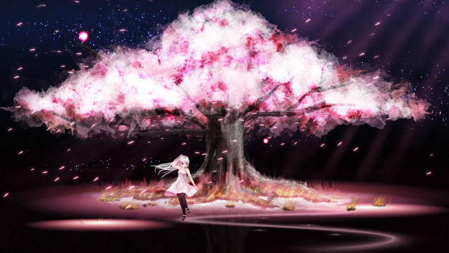 Обои картинки фото аниме, *unknown, другое, девушка, дерево, платье
