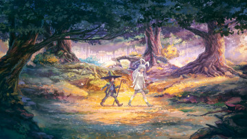 Картинка фэнтези люди кошелка дети лес сказочный деревья посох