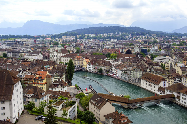 Обои картинки фото люцерн , швейцария, города, - панорамы, мост, дома, река