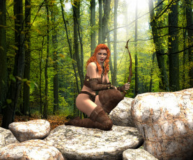 Картинка 3д+графика фантазия+ fantasy лук рыжая фон девушка взгляд
