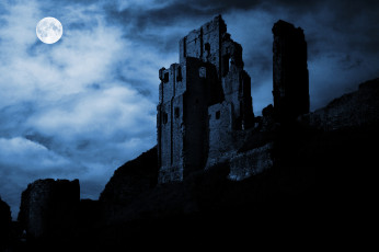 Картинка разное развалины +руины +металлолом крепость силуэт ночь луна