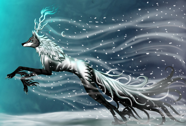 Обои картинки фото рисованное, животные,  сказочные,  мифические, снег, лиса