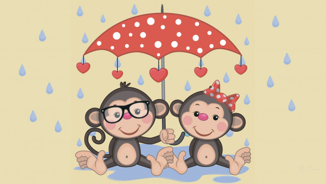 Обои картинки фото векторная графика, животные , animals, обезьянки, дождь, зонтик