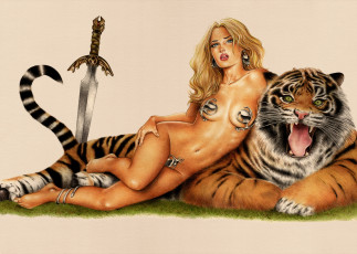 Картинка рисованное комиксы девушка фон меч взгляд тигр