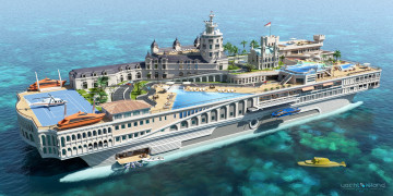 обоя корабли, 3d, streets, of, monaco, gesign, superyacht, yacht-city, яхта-остров, futuristic, проект