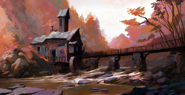 Обои картинки фото рисованное, города, девушка, домик, мельница, мост, поток, лес