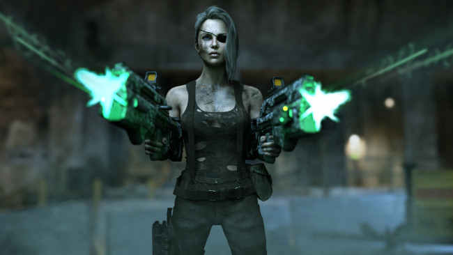 Обои картинки фото видео игры, cyberpunk 2077, девушка, фон, автомат, стрельба