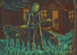 Картинка рисованное люди лесник дом волки