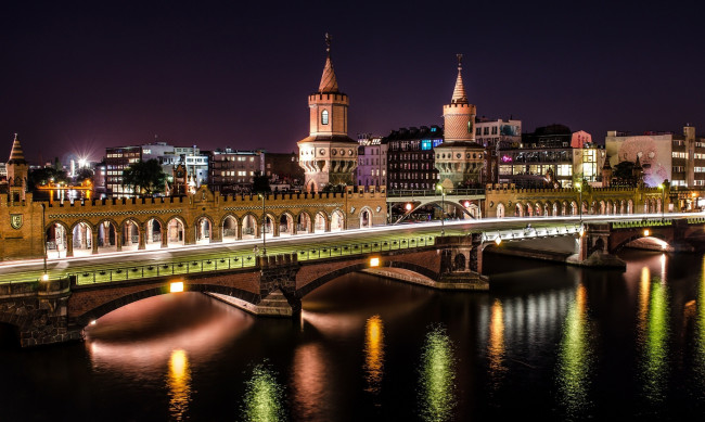 Обои картинки фото города, берлин , германия, вечер, огни, мост