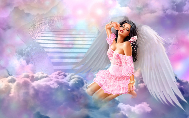 Обои картинки фото фэнтези, ангелы, облака, девушка, лестница, ангел, крылья