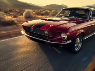 обоя ford mustang, автомобили, фрагменты автомобиля, красный, скорость, дорога, кусты, горы