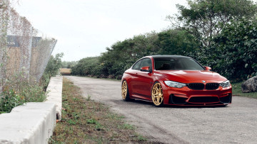 обоя bmw m4, автомобили, bmw, красный, дорога, ограда, роща