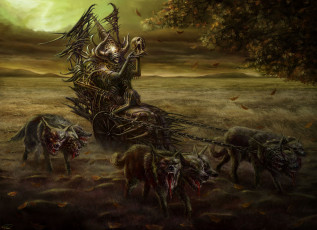Картинка фэнтези нежить череп монстры повозка чудовища сюрреализм трёхглавые волки