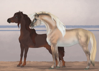 Картинка рисованные животные +лошади лошади песок
