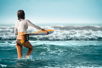 Картинка девушки -unsort+ брюнетки +шатенки доска океан волны серфинг