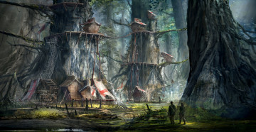 Картинка фэнтези иные+миры +иные+времена строения люди деревья постройки хижины лес