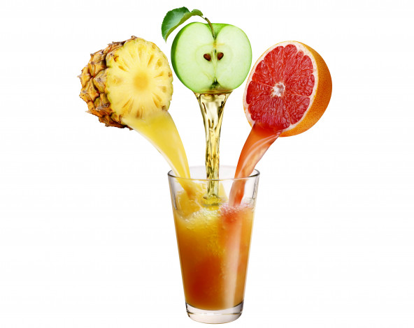 Обои картинки фото еда, напитки,  сок, ананас, сок, апельсин, яблоко, стакан