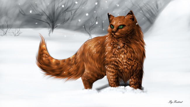 Обои картинки фото рисованные, животные,  коты, кот, взгляд, снег
