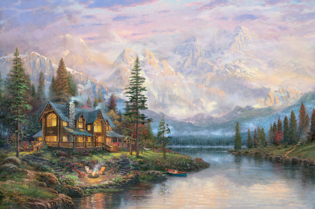 Обои картинки фото cathedral mountain lodge, рисованные, thomas kinkade, дом, лес, горы, томас, кинкейд, река