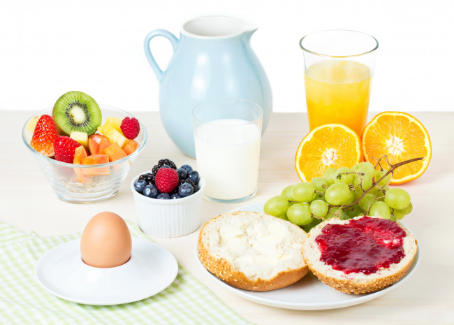 Обои картинки фото еда, натюрморт, завтрак, фрукты, яйцо, хлеб, сок