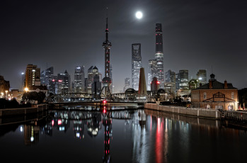 Картинка города шанхай+ китай огни ночь мост шанхай город
