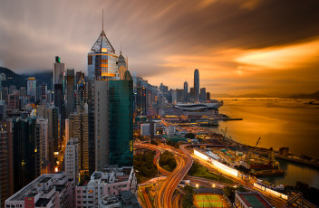 Картинка города гонконг+ китай кнр гонконг hong kong выдержка порт небо вечер