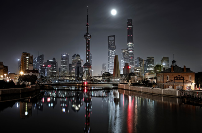 Обои картинки фото города, шанхай , китай, огни, ночь, мост, шанхай, город