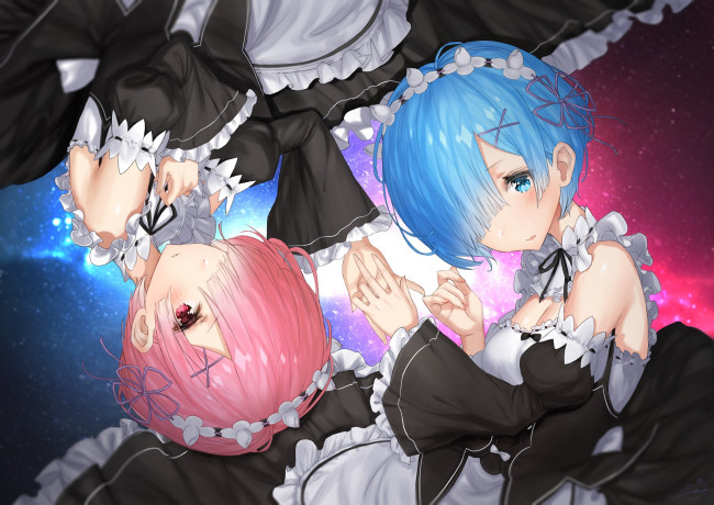 Обои картинки фото аниме, re,  zero kara hajimeru isekai seikatsu, взгляд, девушки, фон