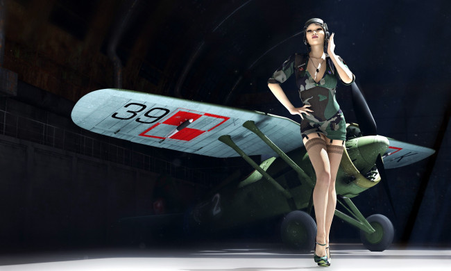 Обои картинки фото девушки, - азиатки, самолет, азиатка, шлем, чулки, пилот
