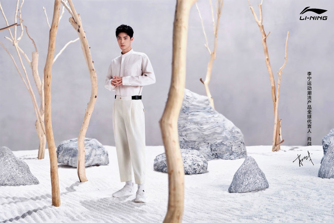 Обои картинки фото мужчины, xiao zhan, актер, рубашка, брюки, камни, сучья