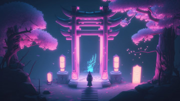 Картинка фэнтези другое ночь фантастика неон япония сакура арка розовый свет одинокая фигура ai art искусство ии