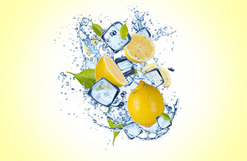 Картинка еда цитрусы lemon slices yellow background капли вода лед желтый фон water drops ice лимон дольки