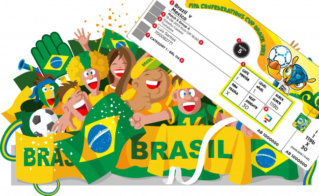 Обои картинки фото спорт, 3d, рисованные, флаг, билет, люди, толпа, бразилия, фанаты, болельщики