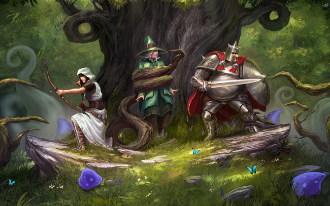 Обои картинки фото видео игры, trine 2, лучник, маг, дерево, рыцарь, игра, 2, trine