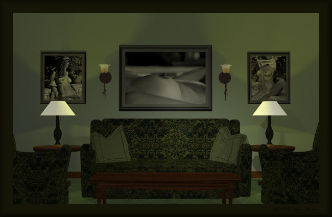 Обои картинки фото 3д графика, реализм , realism, картины, диван, светильники