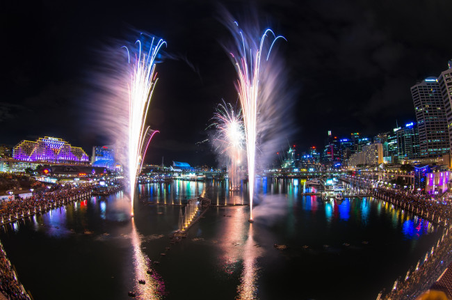 Обои картинки фото vivid sydney festival 2014, города, сидней , австралия, фейерверк, фестиваль, ночь, город