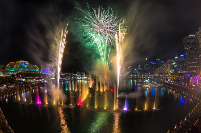 Обои картинки фото vivid sydney festival 2014, города, сидней , австралия, фейерверк, фестиваль, ночь, город