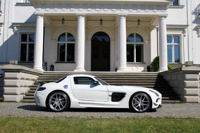 Обои картинки фото 2014 mercedes-benz sls 63 c197 amg  , sga aerodynamics, автомобили, mercedes-benz, тюнинг, сбоку, белый