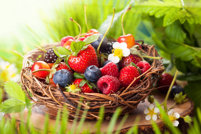 Обои картинки фото еда, фрукты,  ягоды, корзина, черника, клубника