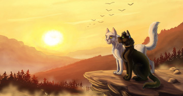 обоя рисованное, животные,  коты, коты, фон, взгляд, закат, горы
