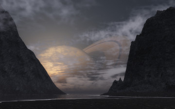 Картинка 3д+графика атмосфера настроение+ atmosphere+ +mood+ планета залив скалы кольца