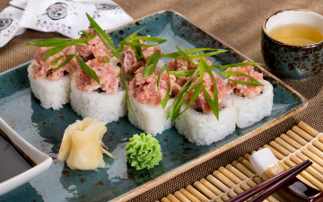 Картинка еда рыба +морепродукты +суши +роллы чай васаби рис лук роллы суши имбирь